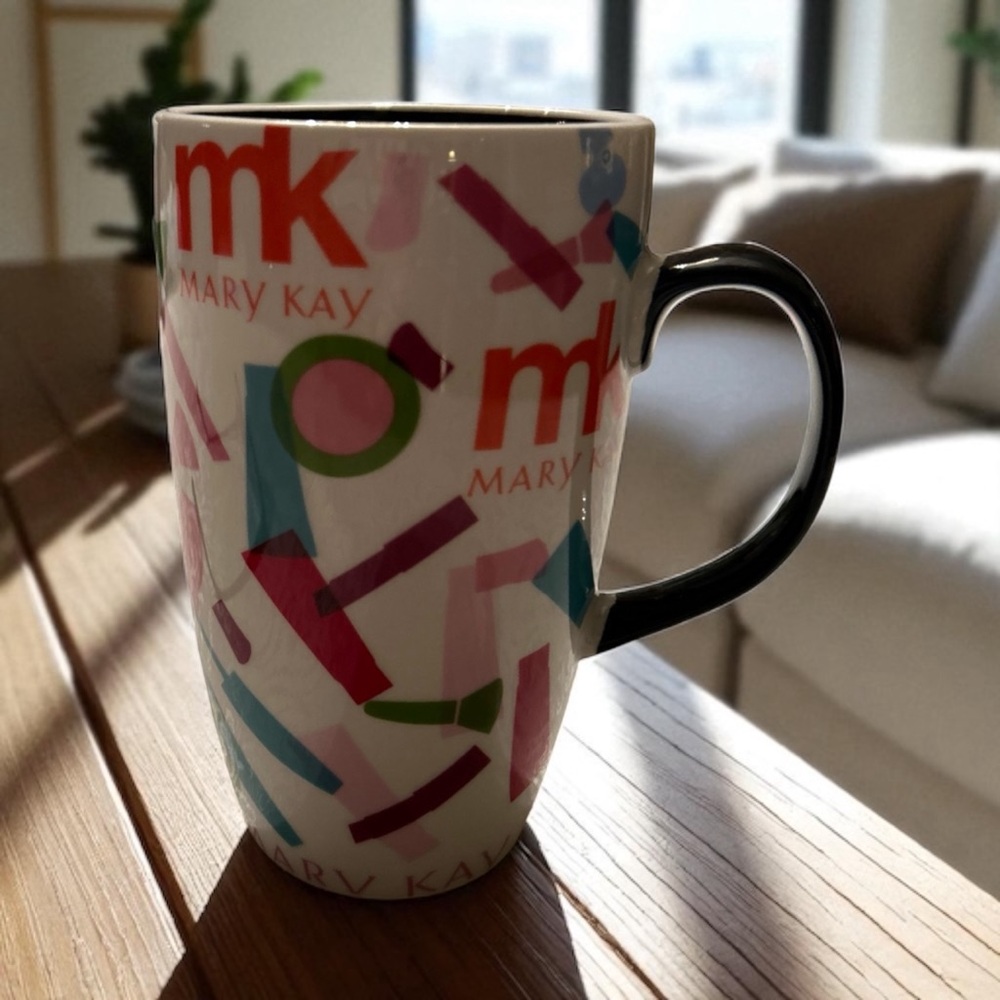Mary Kay MK Ceramic Travel Tumbler Colorful Make-up Coffee Mug Cup 6” Cute!!